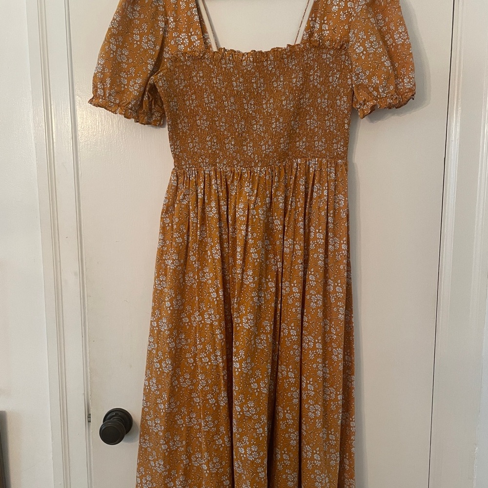 Anthropologie Mender Smocked Yellow Floral Midi Dress Size Large - Picture 2 of 5